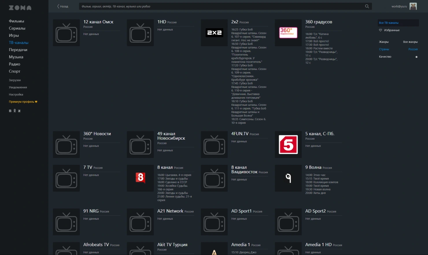 Скриншот интерфейса с ТВ-каналами в Zona Windows